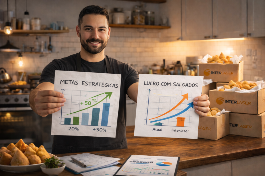 Empreendedor traçando metas e comparando as vendas manuais com a Interlaser.